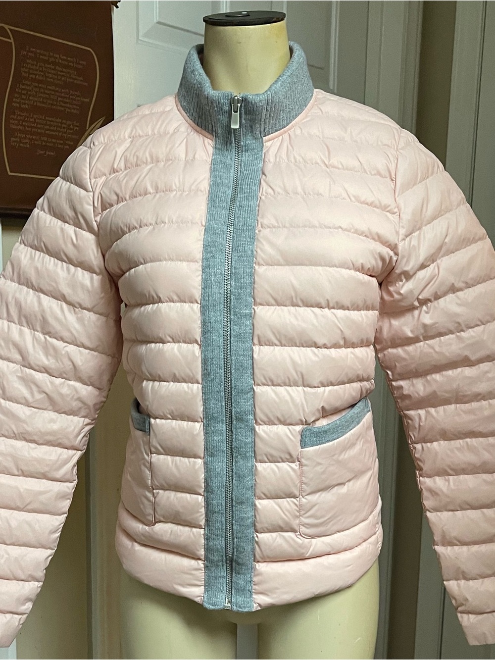 Light Pink Valencia Quilted Puffer Jacket with Gray Trim